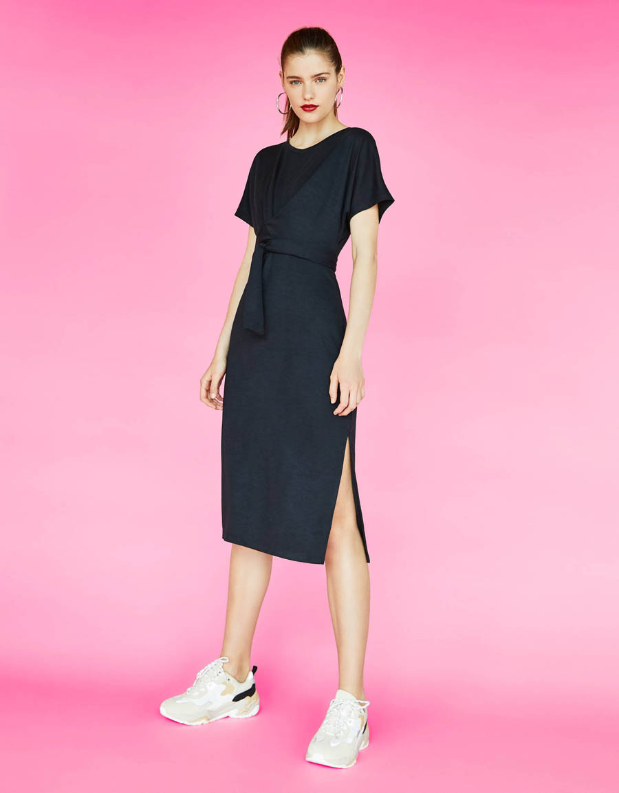  Black Wrap Belted Midi Dress