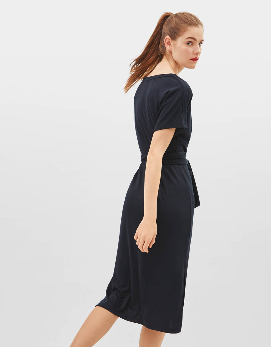  Black Wrap Belted Midi Dress Hover